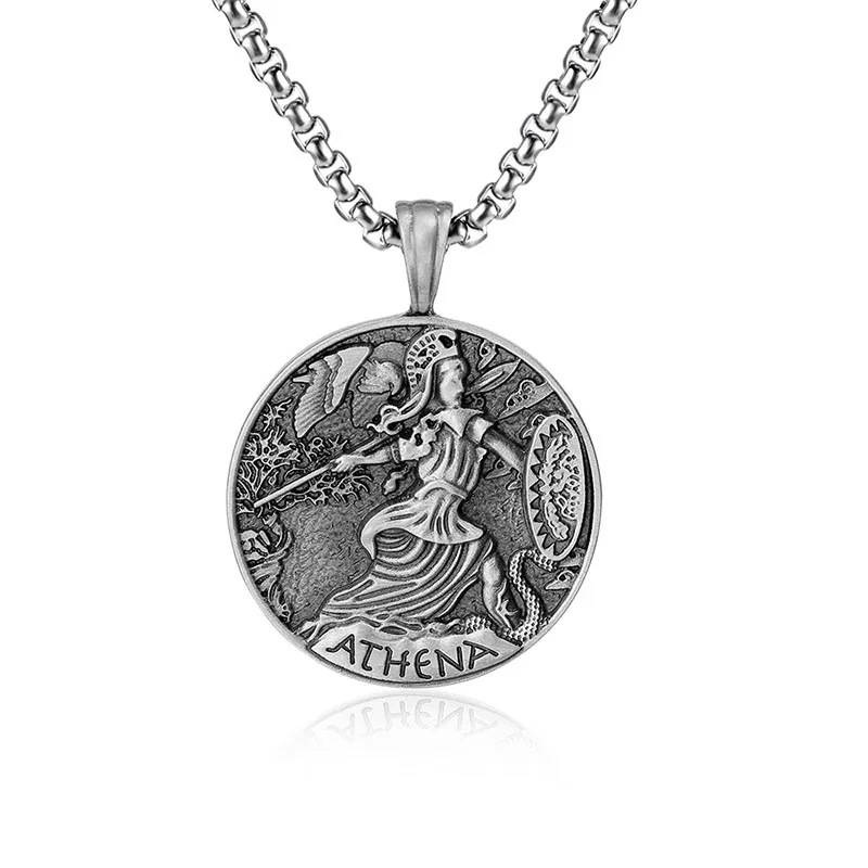 Blues Wholesale Retro Athena Portrait Pendant Necklace Titanium Steel Ancient Greece Athena pewter Necklace