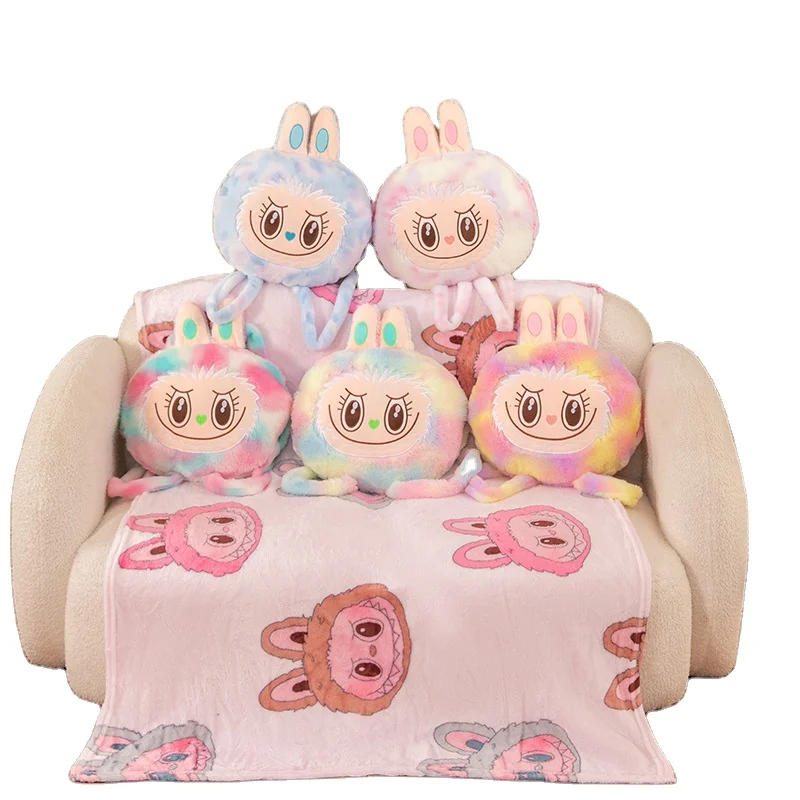 BT Labubu Pillow Blanket Warm Hands Plush Backpack 2In1 Car Cushion Blanket Office Sleep Sofa Pillow Blanket Girl Christmas Gift
