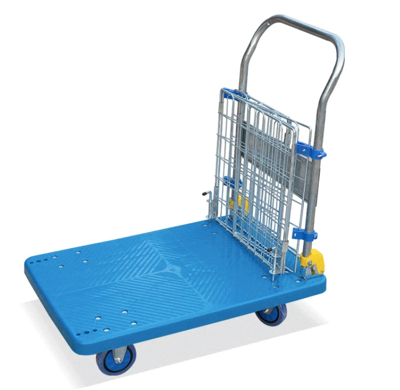Good Price Foldable Platform Trolley Hand Truck Heavy Duty Plastic Dolly with Wire Mesh Handcart Basket Dolly