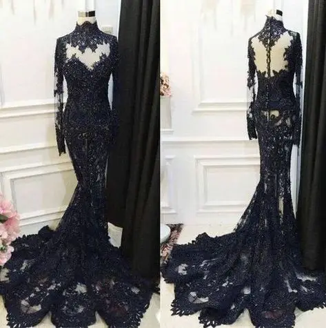 Sexy Sheer Lace Appliques High Neck Long Sleeve Black Gothic Wedding Dresses Gowns