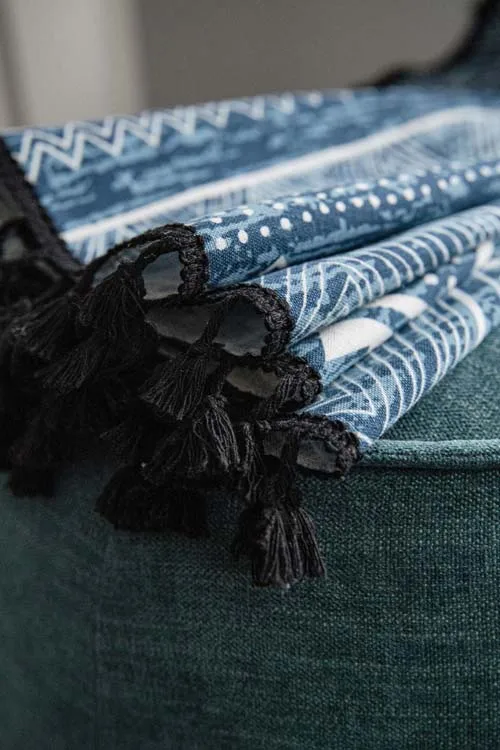 Retro Countryside Bohemian Tassel  Curtain Cotton Linen Printed Blue Curtains  for Kitchen  Bedroom Blackout Window Curtains