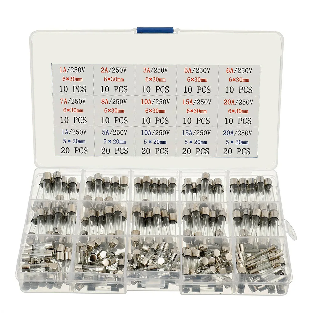 200 pcs Fast-Blow Glass Fuses Assortment Kit 5x20mm 250V 1 5 10 15 20A 6x30mm 250V 1 2 3 5 6 7 8 10 15 20A amp