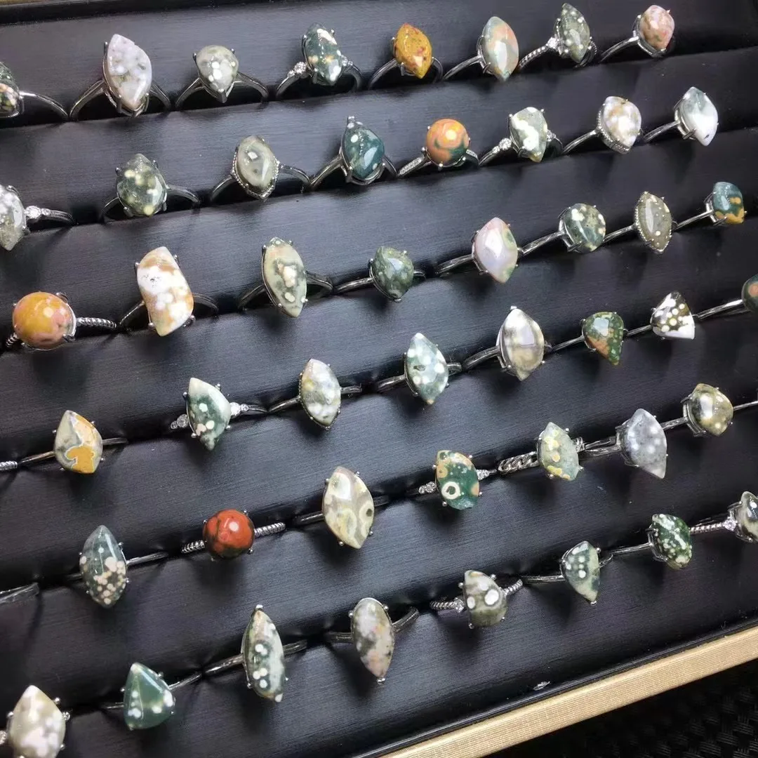 Fashionable Adjustable Crystal Gemstone Ring With 925silver Inlaid Ocean Jasper Ring For Gift