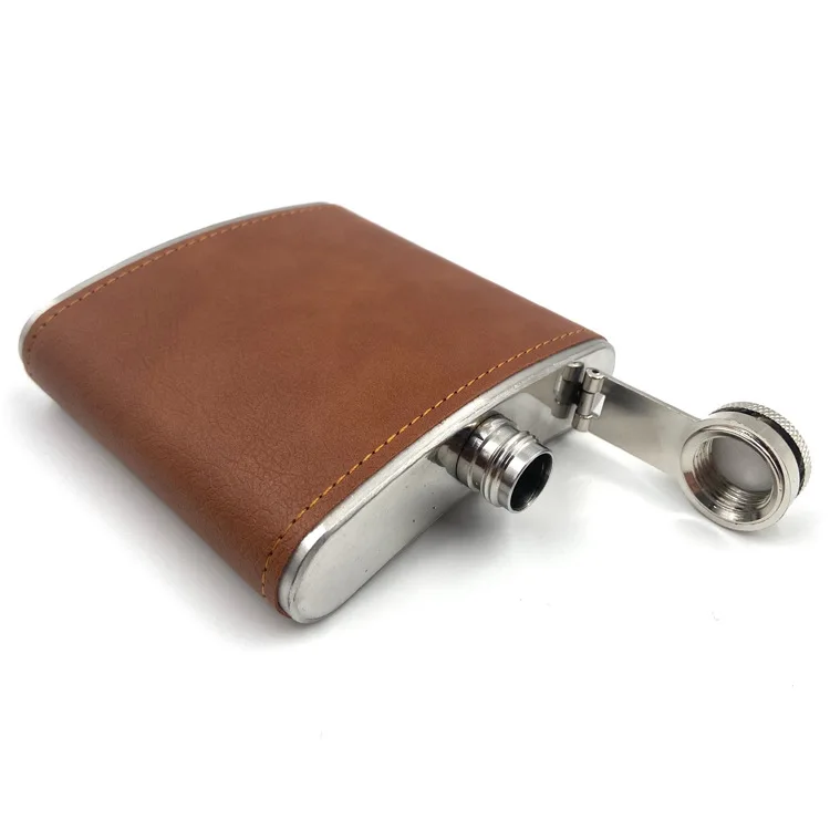 In stock Factory Cheap Price Stainless Steel brown leather cover Outdoor vintage 6oz Hip flask for whisky