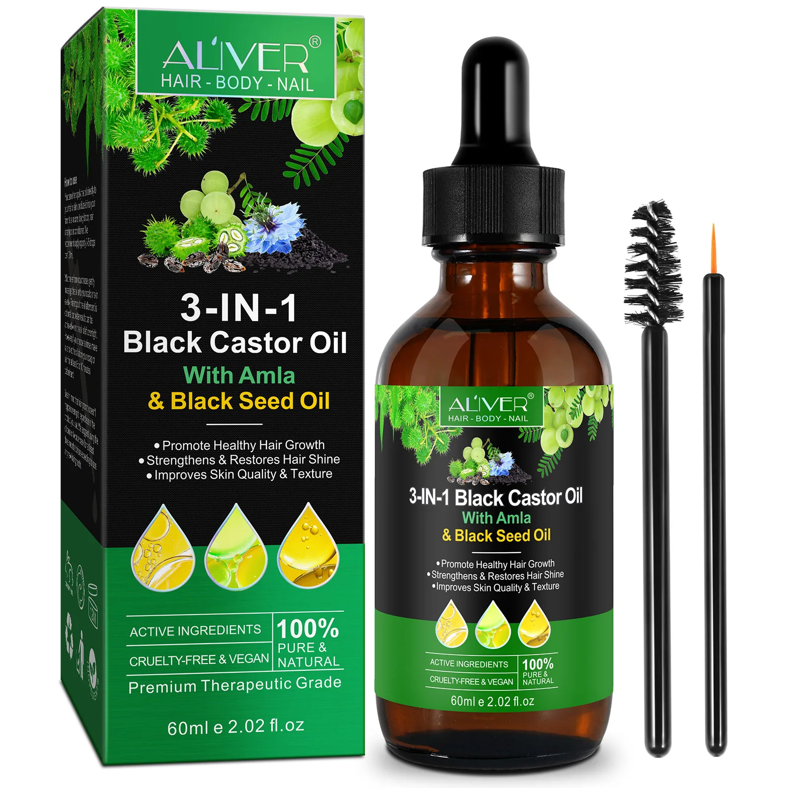 ALIVER 60ml Pure Nourishing Hair Care Black Seed Essential Oil 3 In 1 Black Castor Oil Amla Hair Growth Oils