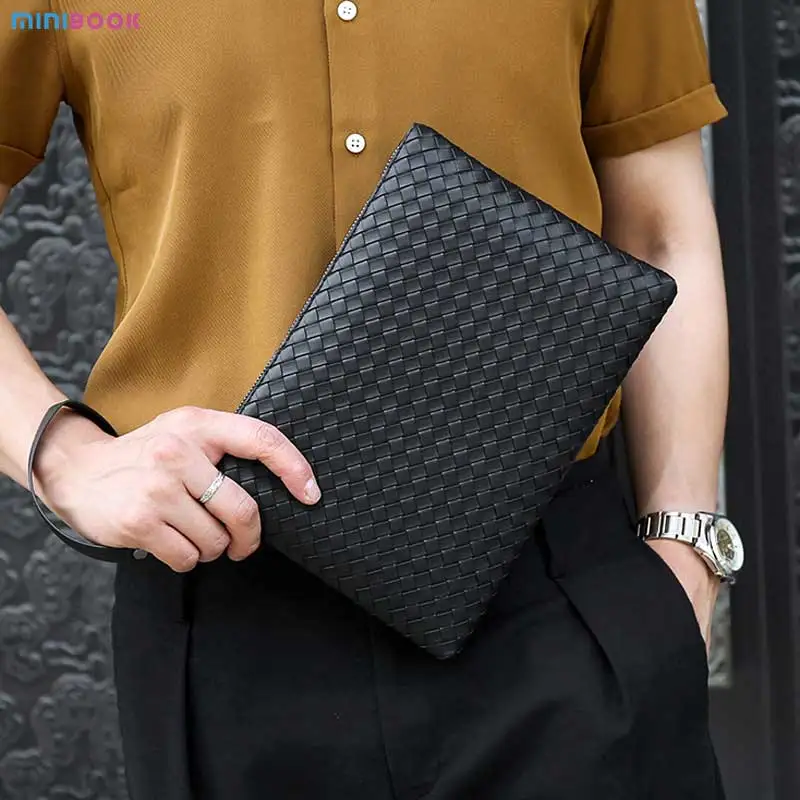 Fashion Men Super Fiber Leather Woven Handbag High Quality Large Capacity Business Casual Handbag Multi Pocket Hand Bag For Men