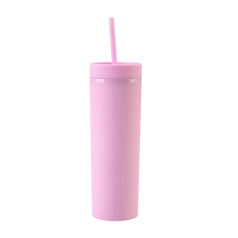 Wholesale double wall water tumbler 16oz plastic acrylic matte skinny tumbler cups in bulk with lid and straw