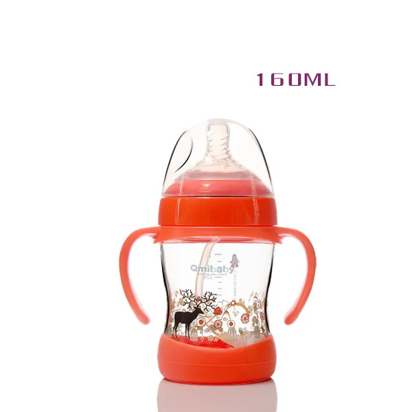Anti-colic nipple wide-neck glass feeding bottle with handle with silicone cover