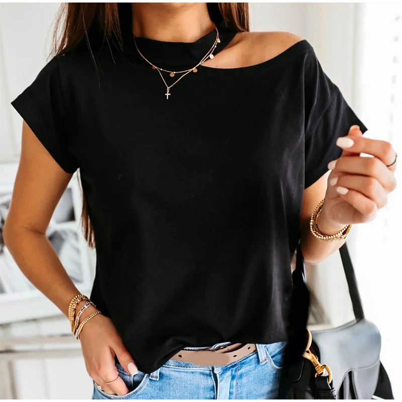 Футболка женская с открытыми плечами, модная Повседневная рубашка с коротким рукавом, однотонная, белая, черная, на бретелях, лето 2020