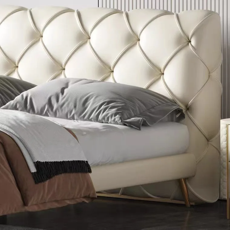 Creative Fashion Design Gold Metal Leg bed Upholstery Leather Double King Queen Full Size White Bedroom Wooden Frame Sofa Bed