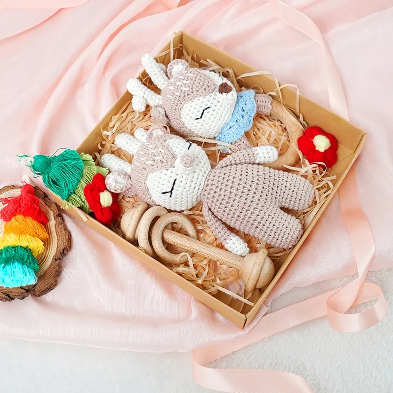 Handmade  Amigurumi Toys Crochet Reindeer Set Crochet Newborn Gift Rattle Teether Set (1600435306433)