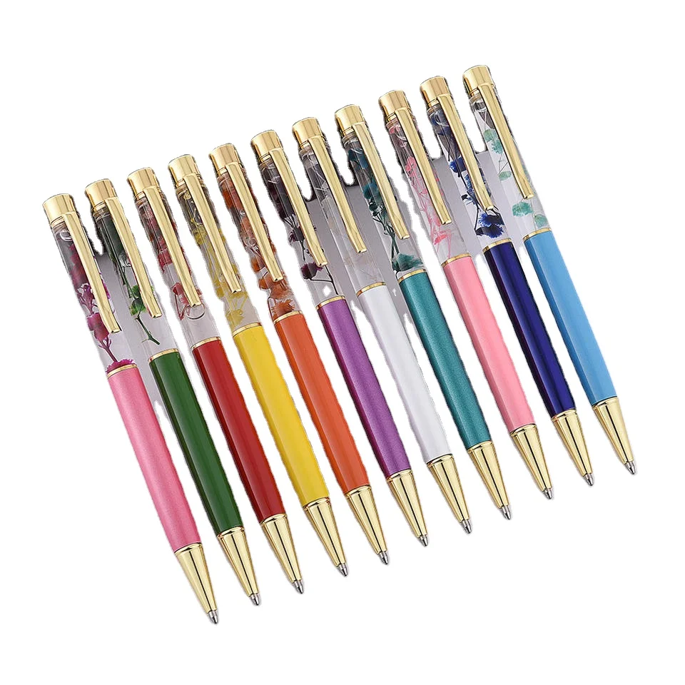 Fashion Custom Promotional Liquid Floral Ballpoint Pens for Gift Fancy Metal Unique Flower Set Liquid Floating Ballpen
