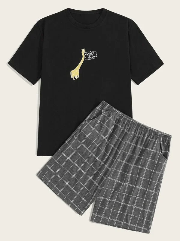 
MGOO Custom Short Sleeve Adult Animal Round Neck Plaid Giraffe Print Men Pajama Set 