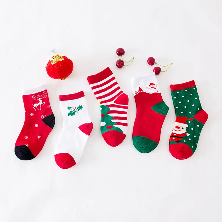 
Wholesale 5 pairs / sets baby children cute cartoon red Christmas cotton striped tube socks 