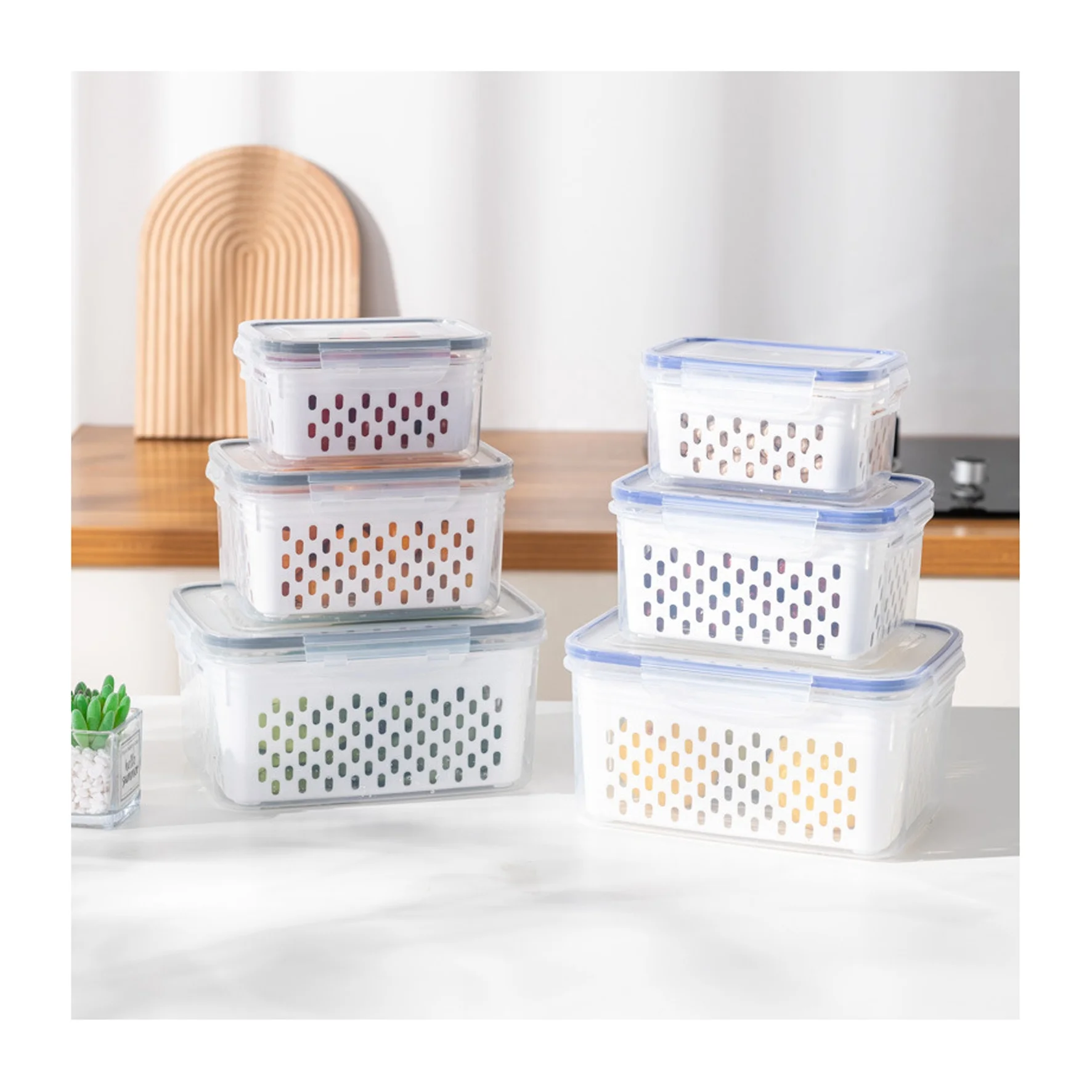 Vegetable Fruit Fresh Produce Fridge Refrigerator Fresh-keeping Storage Box Containers With Grid Strainer Drain Basket Crisper