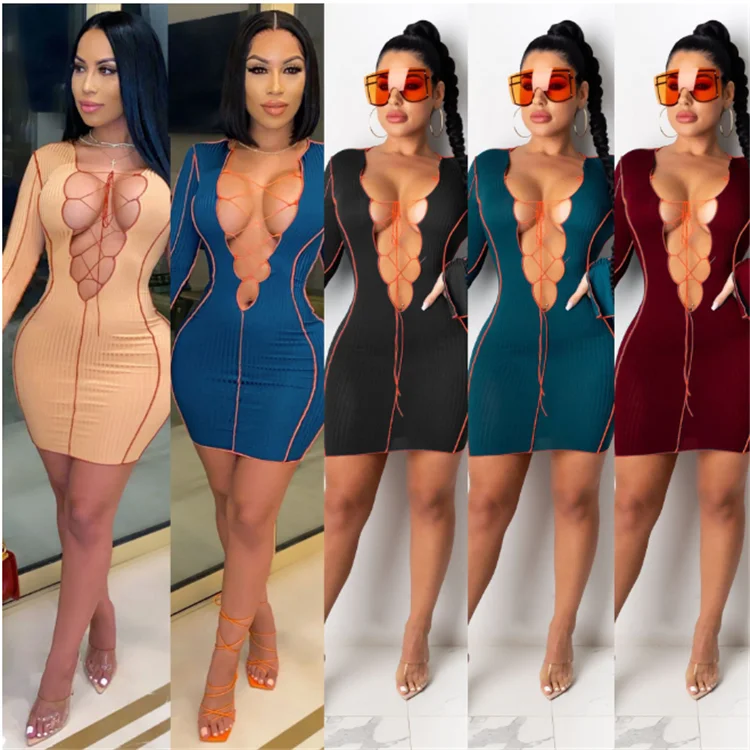 
Fashion Bodycon Dress Bandage Deep V Neck Long Flare Sleeve Sexy Club Wear Autumn Women Dresses 