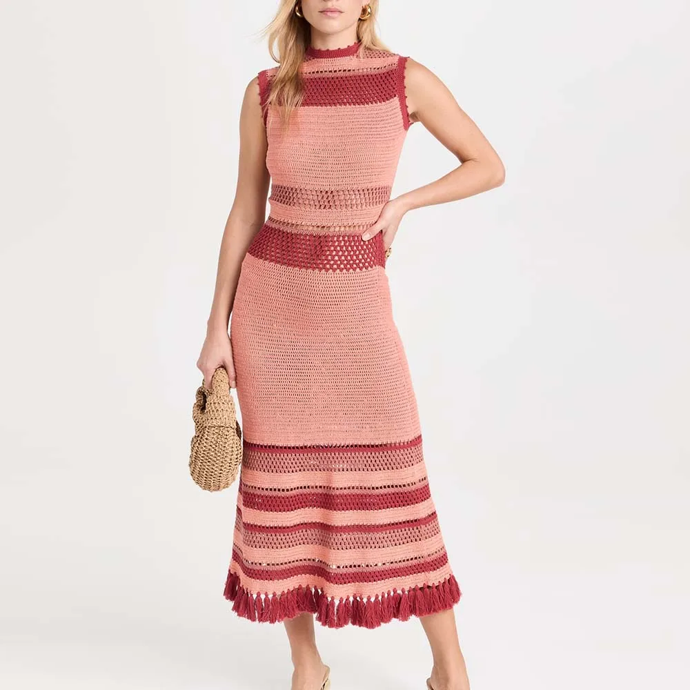 Knitwear Manufacturer Custom Spring Summer Autumn Winter High Neck Striped Crochet Openwork tassel Midi Dress