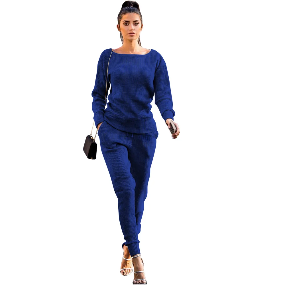 Fall Rib Knit Sweater And Pant 2 Piece Outfit Ladies Knitted two piece Traccksuit Set