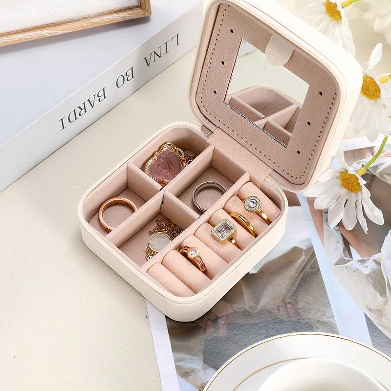 Wholesale Travel Jewellery Organizer Case Pink Mini Small Gift Rings Pendant Storage velvet jewelry box with mirror