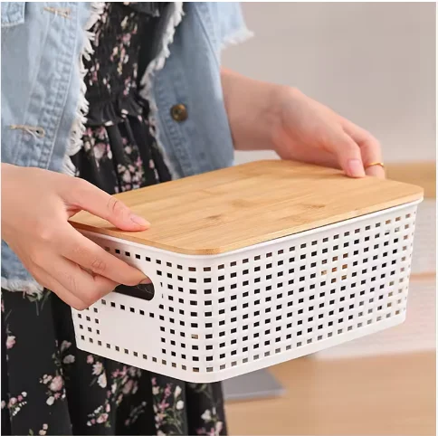 Nissen Hot sells durable desktop plastic storage containers Stackable storage baskets, plastic storage baskets with bamboo LIDS