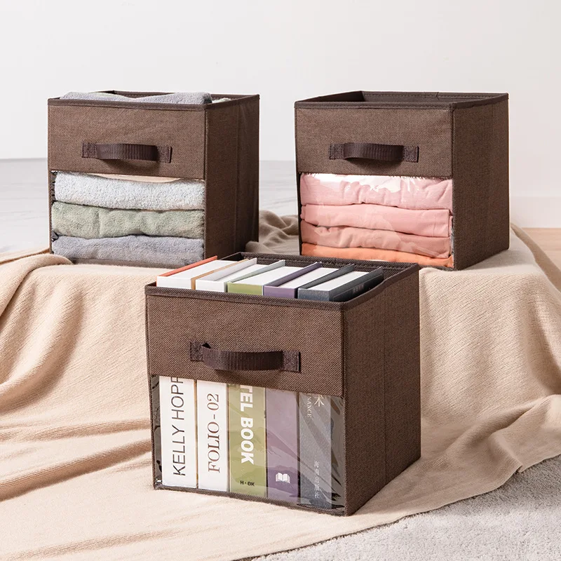 Non-woven Fabric PVC Clear Window Cube Storage Organizer Collapsible Storage Bin Without Lid Folding Storage Box with Handle