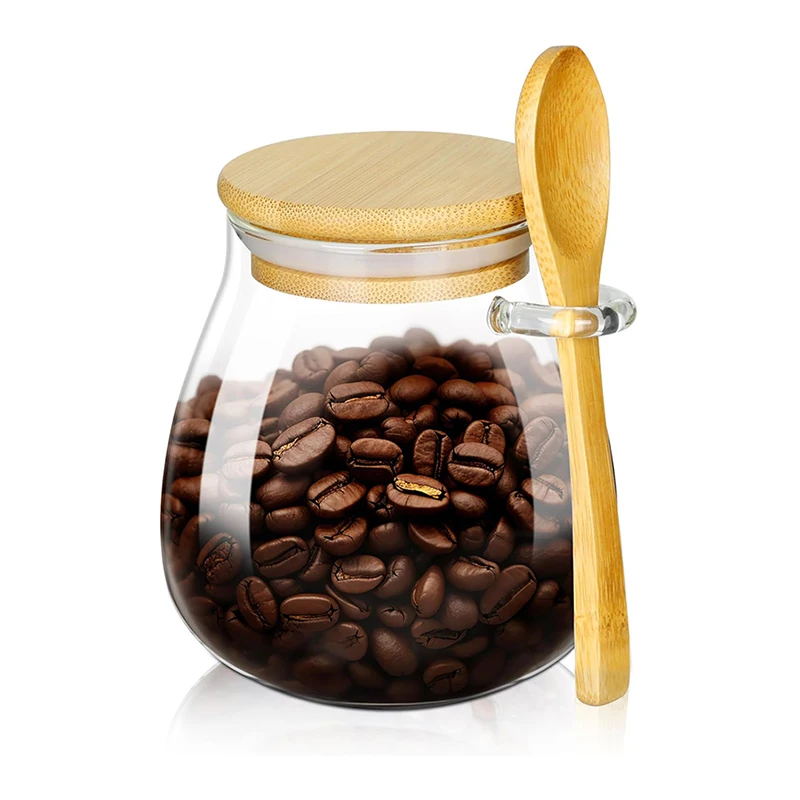 Clear 12oz Sugar Borosilicate Glass Container with Bamboo Lid and Spoon for Coffee Canister Kitchen Decor Refillable Design