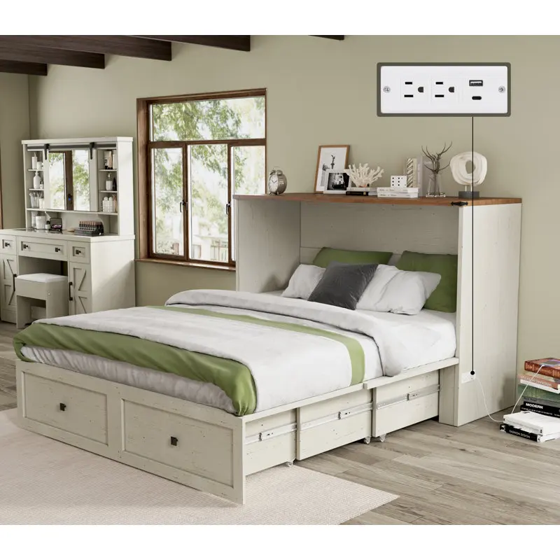 Kainice modern smart bedroom furniture convertible murphy bed cabinet full size wood bed with storage drawer