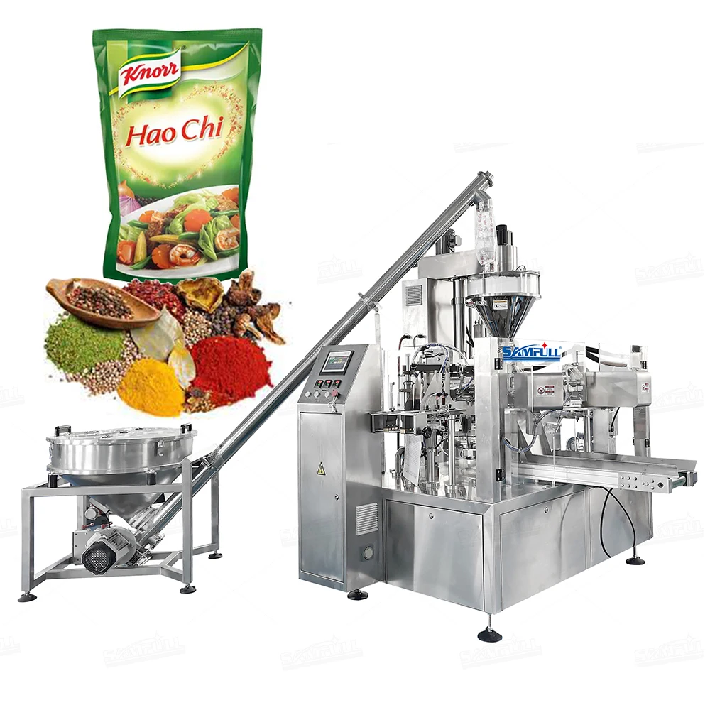 Automatic given bag seasoning packing machine with auger filler rotary doypack filling machine for curry powder