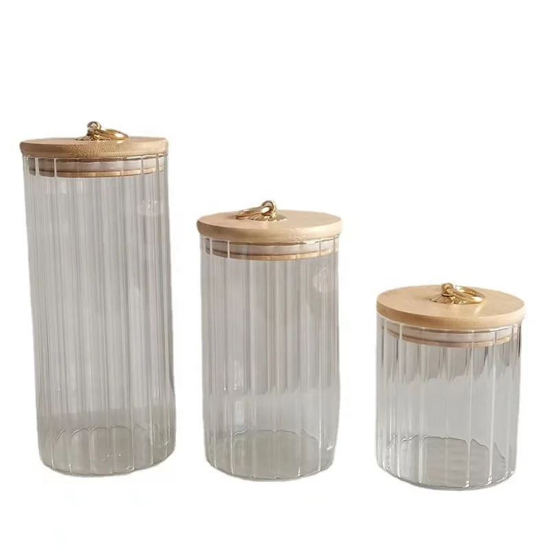 New Design Glass Storage Jar for Kitchen High Borosilicate Glass Food Canister Striped Glass Jar with Bamboo Lid