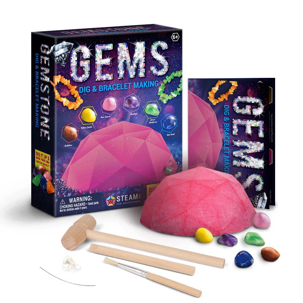 new product gorgeously packed big pink clod gemstone dig toy kit dig colorful stone to bracelet making