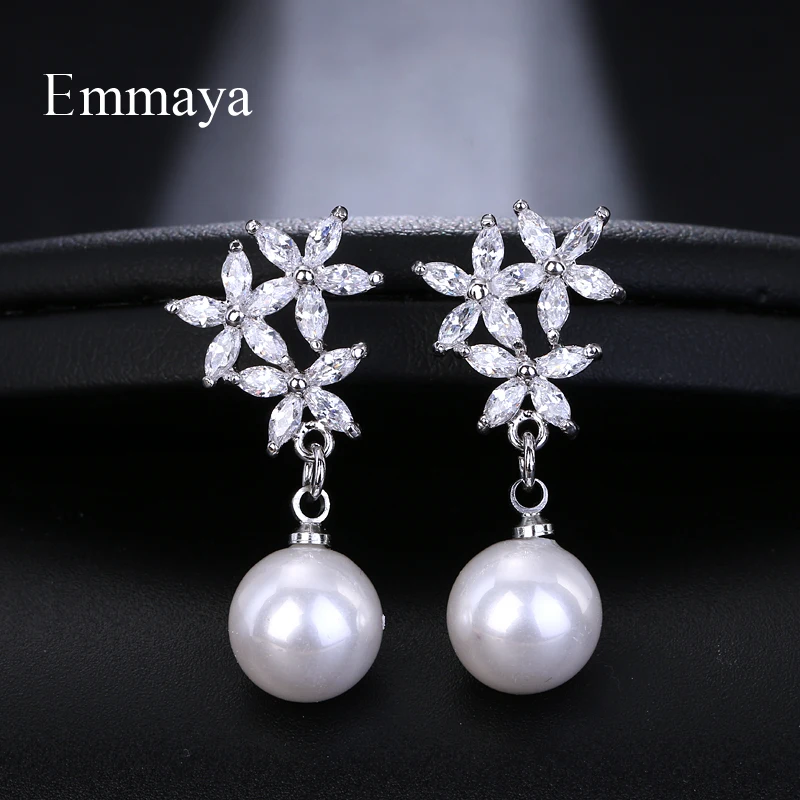 Emmaya Elegant Nature Bohemian Flower Pearl Crystal AAA Cubic Zircon Dangle Earrings For Women Bridal Wedding Party Jewelry