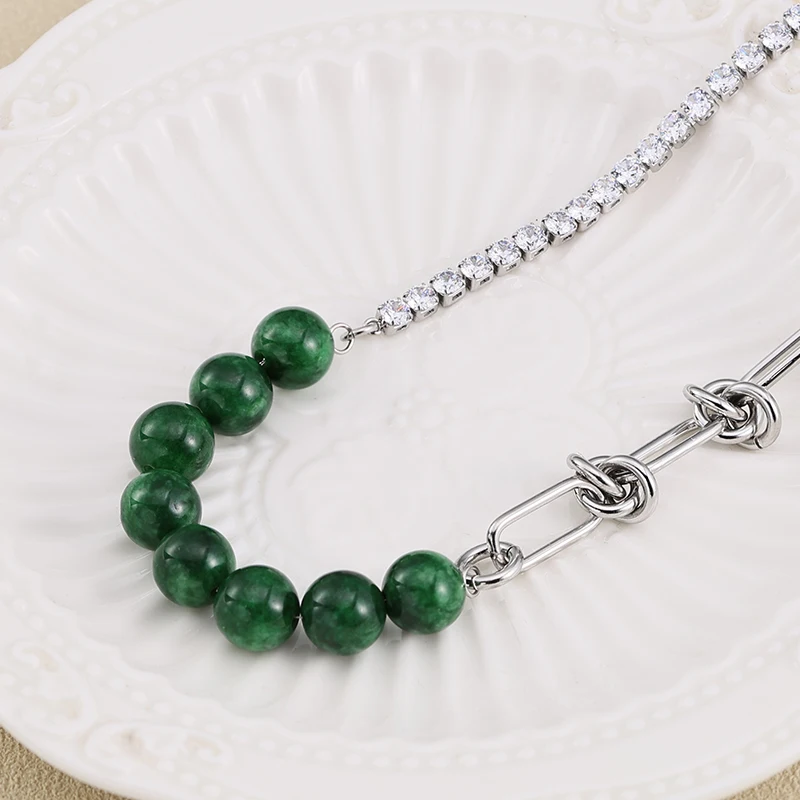 Emerald Stainless Steel Necklace with Green Stone Pendant and Three Chain Design Diamond Chain Beads Bracelets Jewelry Gift