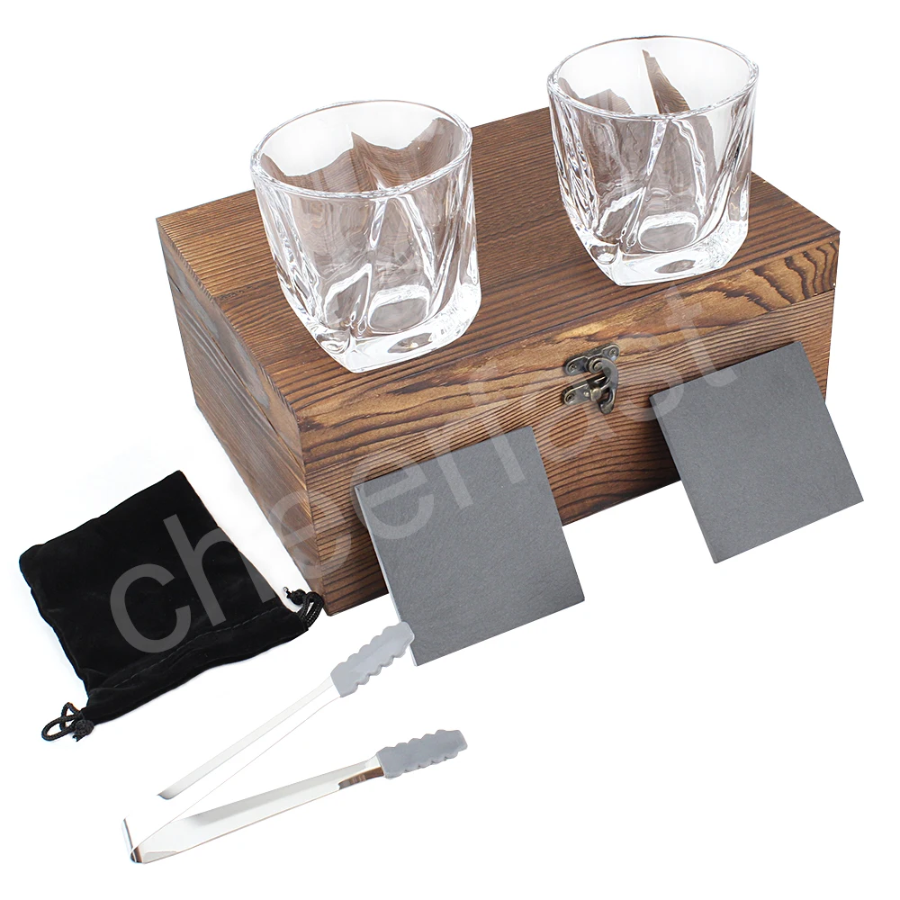Custom 6pcs Cooling Stones Whiskey 304 Stainless Steel Reusable Chilling Ice Cube Stone Crystal Glasses Whiskey Glass Gift Set