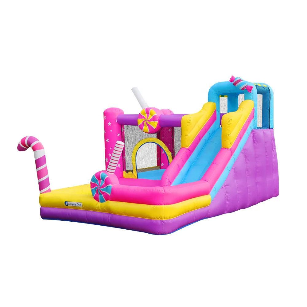 Inflatable bouncy house, climbing wall, jumps, water guns, splash pool for children in indoor & outdoor backyard.