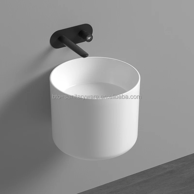 BTO 2024 New Trend Round bowl vessel sink Ceramic basin Bathroom sink one piece euro-wall hung basin