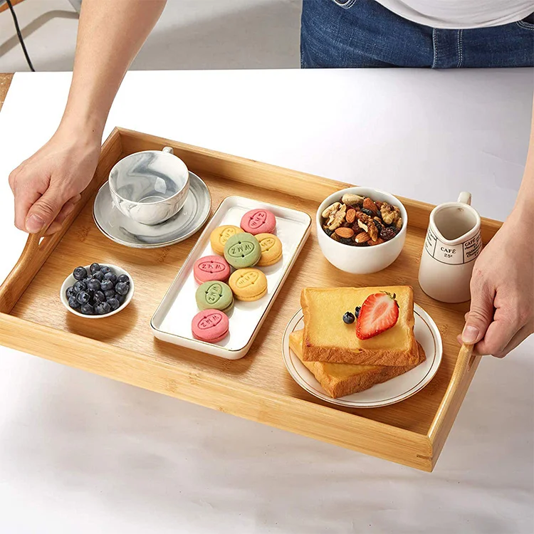 Factory Bamboo Serving Wooden Tray with Handle for Breakfast Afternoon Tea Bathroom Tray
