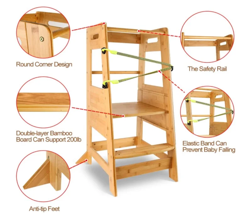 Kitchen Helper Stool for Toddlers, Bamboo Kids Learning Standing Step Tower with Adjustable Heights Platform and Safety Belt