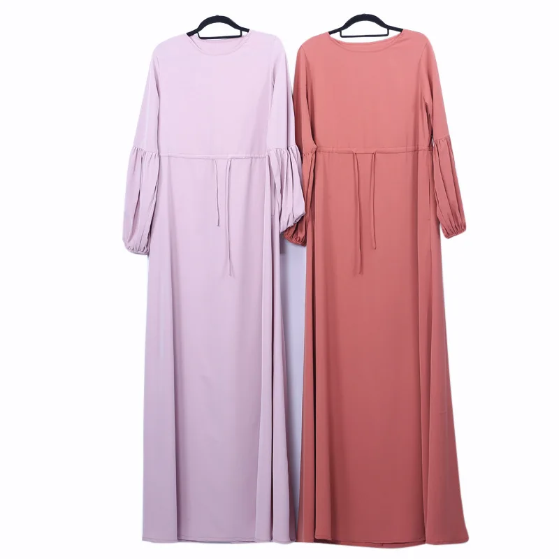 Muslim solid color lantern sleeve elastic cuff dress arabic dress student abaya dress