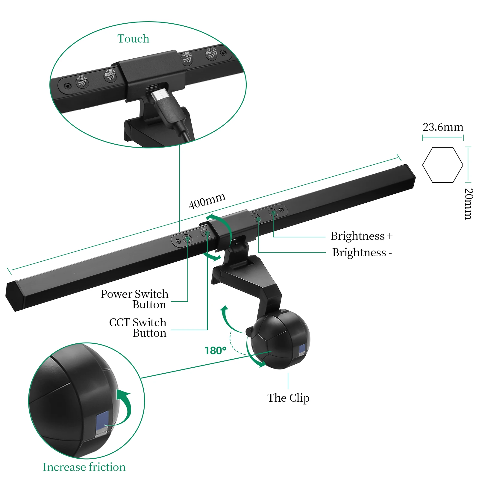 CPYP Stepless Dimming Eye-Care LED Desk Lamp For Computer PC Monitor Screen Hanging Light Reading USB