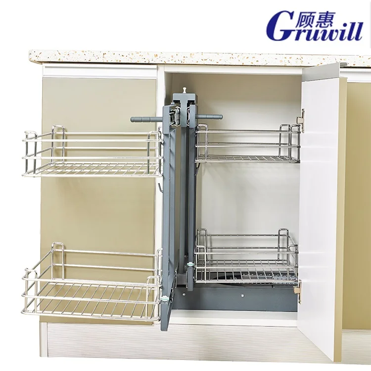 Gruwill Chrome Grey Steel Kitchen Magic Corner Unit Basket Aluminium Pull Out Soft Close Cabinet Organizers Magic Corner