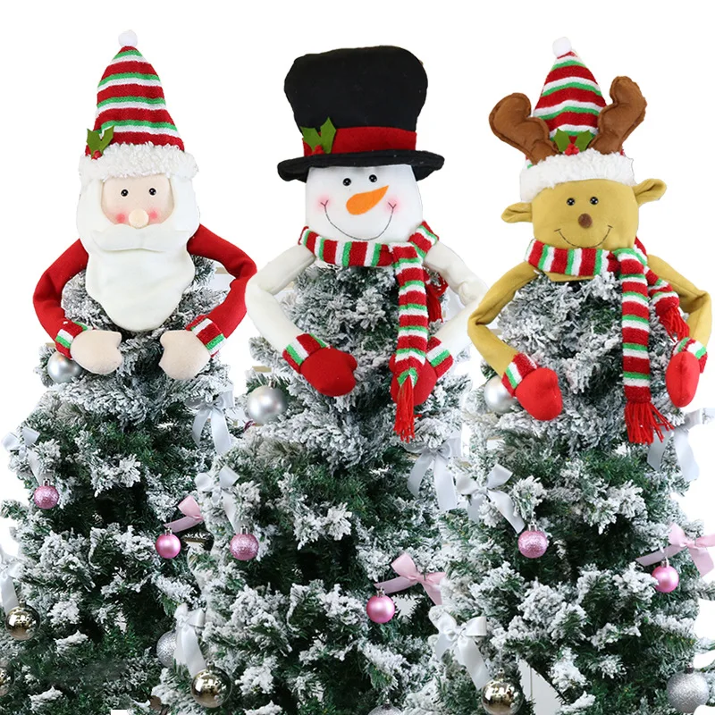 Christmas Tree Topper Santa Snowman with Top Hat Scarf Hugger for Christmas Holiday Winter Home Decoration Ornament Supplies