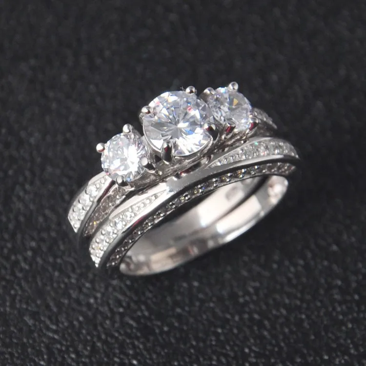 Classic 925 Sterling Silver  Wedding ring sets with AAA Clear Zircon and rhodium plated fine silver Jewelry For Women