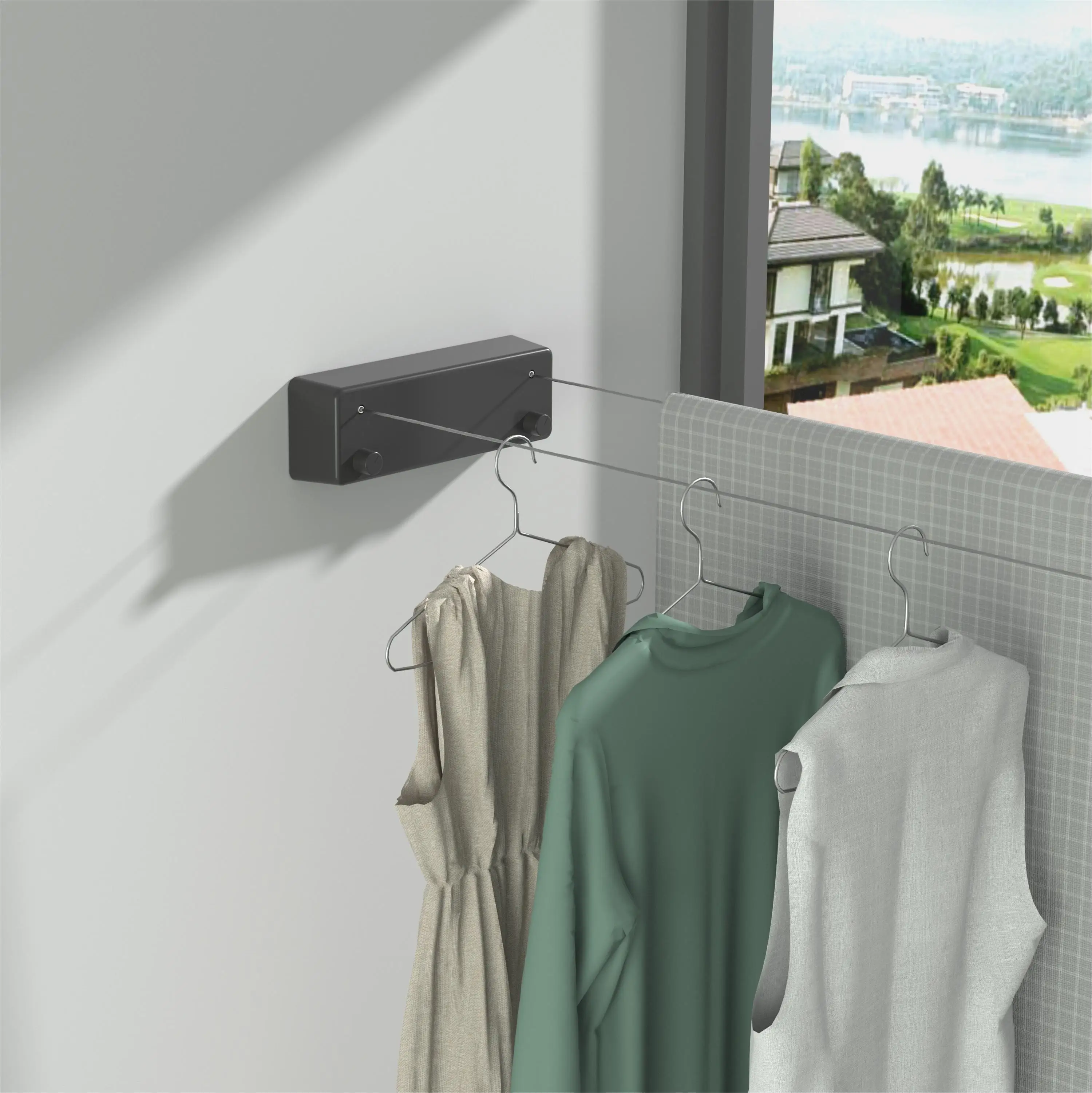 Outdoor ABS Alumin Square Retractable Double Line Clothesline with Steel Wire Rope Punch Free Wall Mounted Home Black 4.2m 1kg