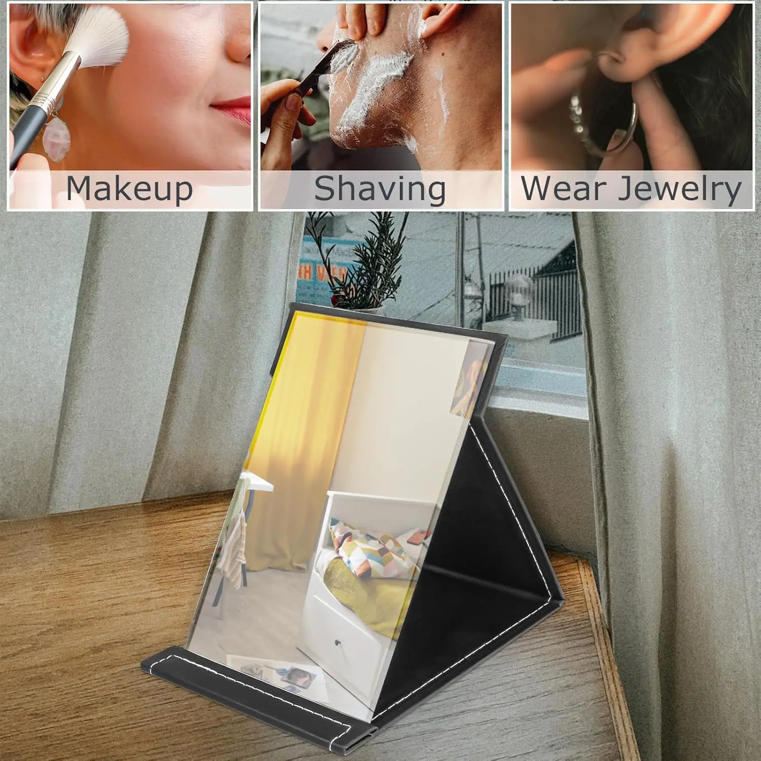 6x8 Inches Makeup Mirror Portable PU Leather Folding Desktop Vanity Mirror with Adjustable Stand for Vanity Table Office Travel