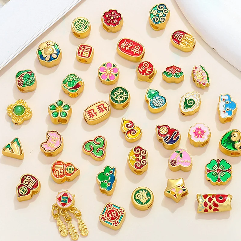 2024 Chinese Style Ancient Method 18K Real Gold Pendant Copper Plated Dripping Oil DIY Beaded Bracelet Necklace Caps