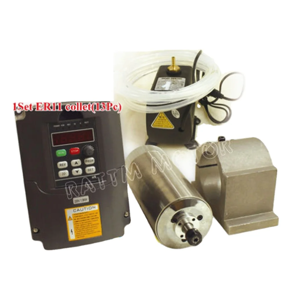 1.5KW 220V Water cooled spindle motor ER11 400hz 24000rpm+HY 1.5KW 220V VFD Inventer Drive+80mm Clamp+Pump+Pipe+Collets CNC Kit