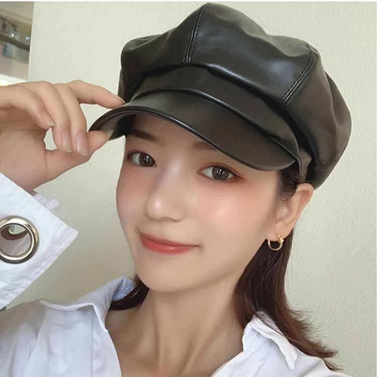 Vintage PU Solid Color Peaked Cap Women Leather Octagonal Beret Hat
