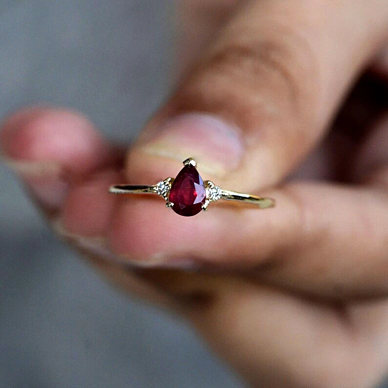 Pear Shape Ruby Gemstone Diamond SI Clarity G-H Color Band Ring Solid 14K Yellow Gold Handmade Fine Minimalist Wedding  Gift