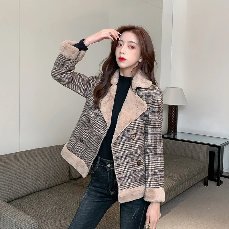 Fleece Coat Ladies Short Jacket Korean Loose New Autumn Winter Fashion Thick Plaid Faux Lamb Wool Coat Women Jacket