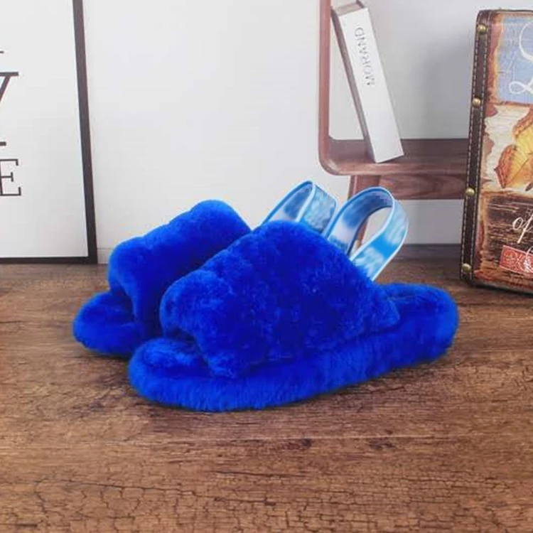 2024  latest rainbow wool   Fashion designer warm fur sandal women sheep fur slides sheepskin winter slippers with tape